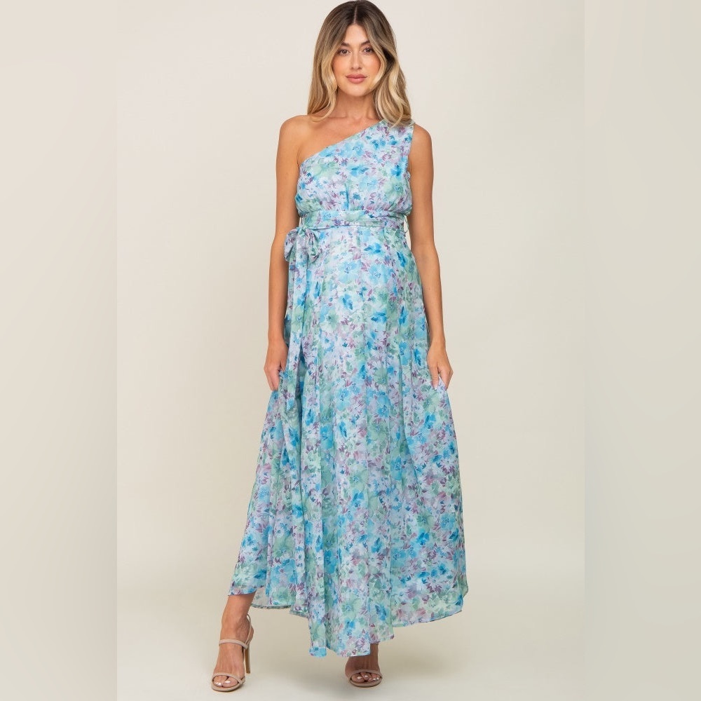 Pinkblush One-Shoulder Floral Maxi Dress in Aqua Blue